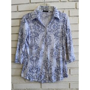 David Cline Blue Sparkly Snap Front Top Sz Medium Lightweight 3/4 Sleeve